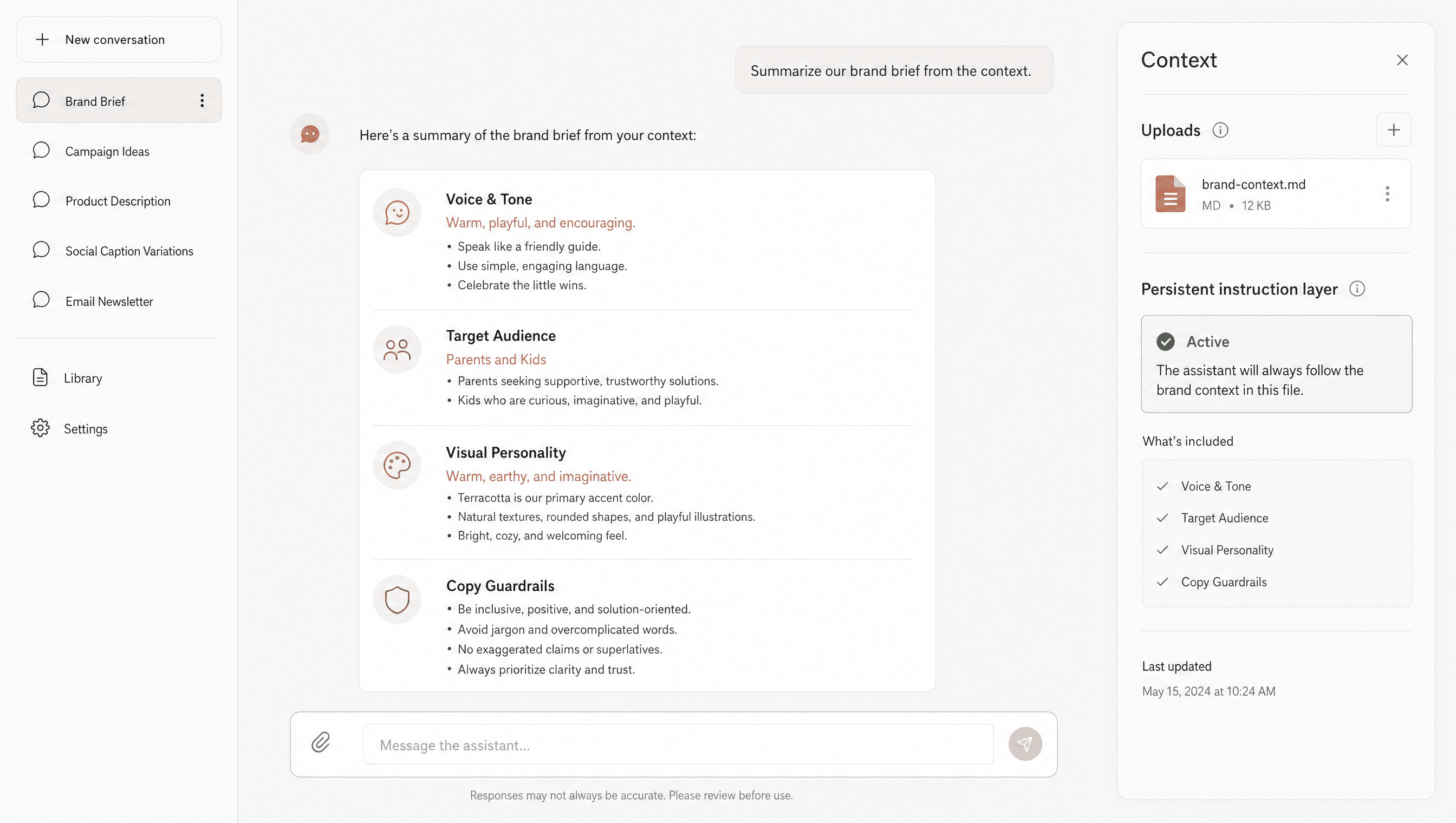 AI assistant interface showing brand context loaded from a markdown file with voice, audience, and visual personality fields
