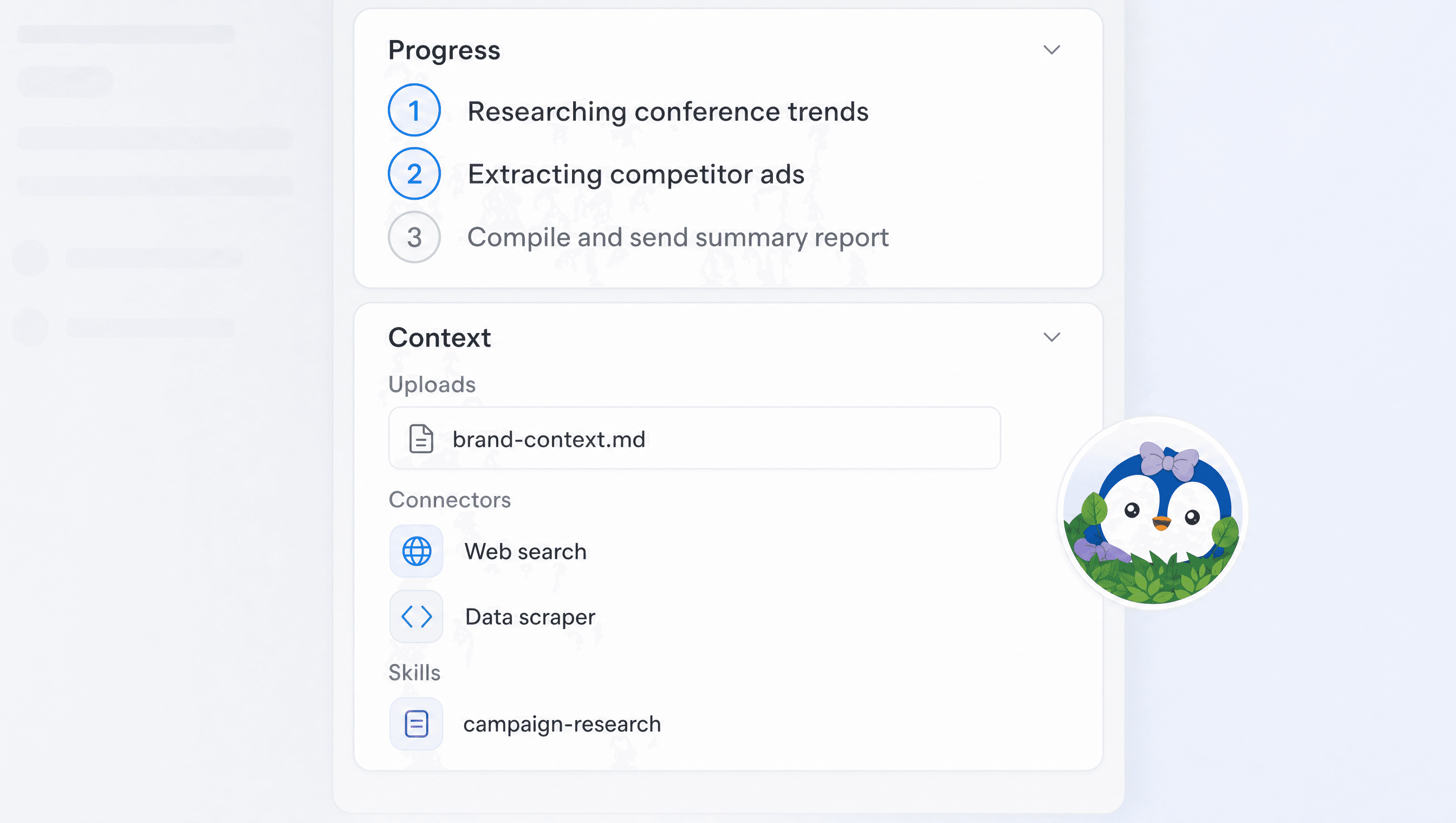 AI subagent progress panel showing research steps and context sources for competitor ad extraction