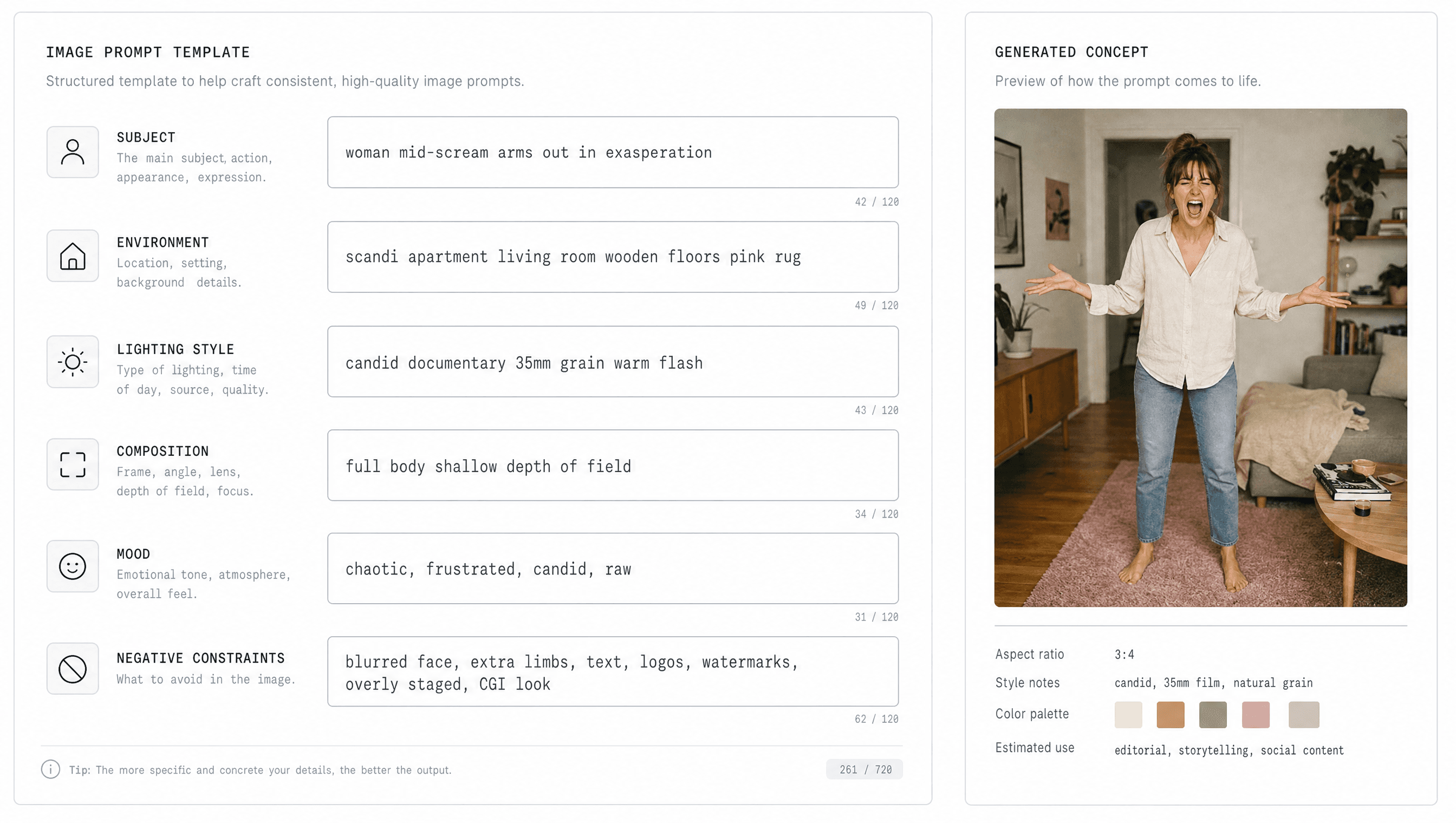 Structured image prompt template with subject, environment, lighting, composition, mood, and negative constraint fields