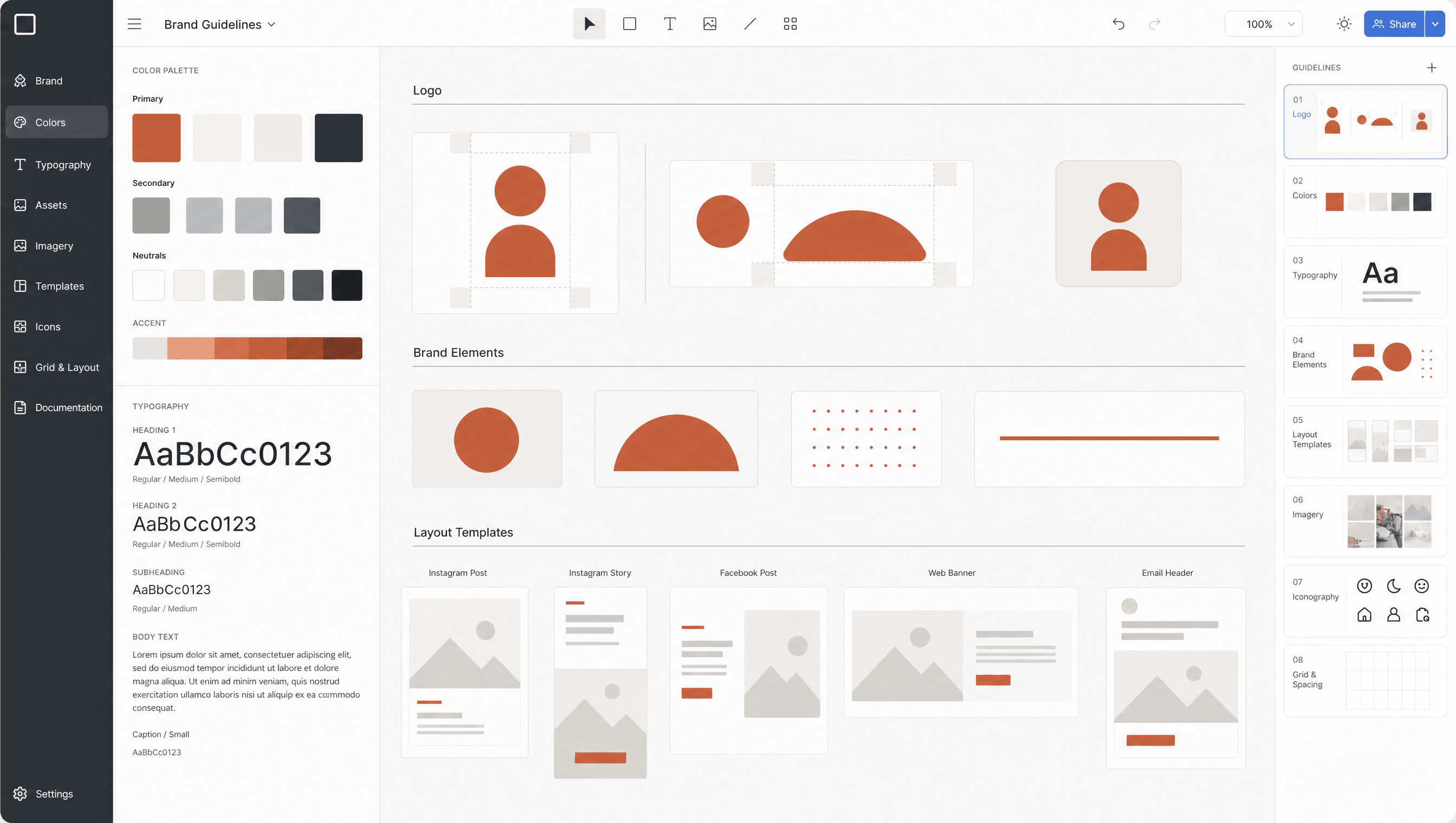 Design tool showing brand color palette, typography system, and ad template frames