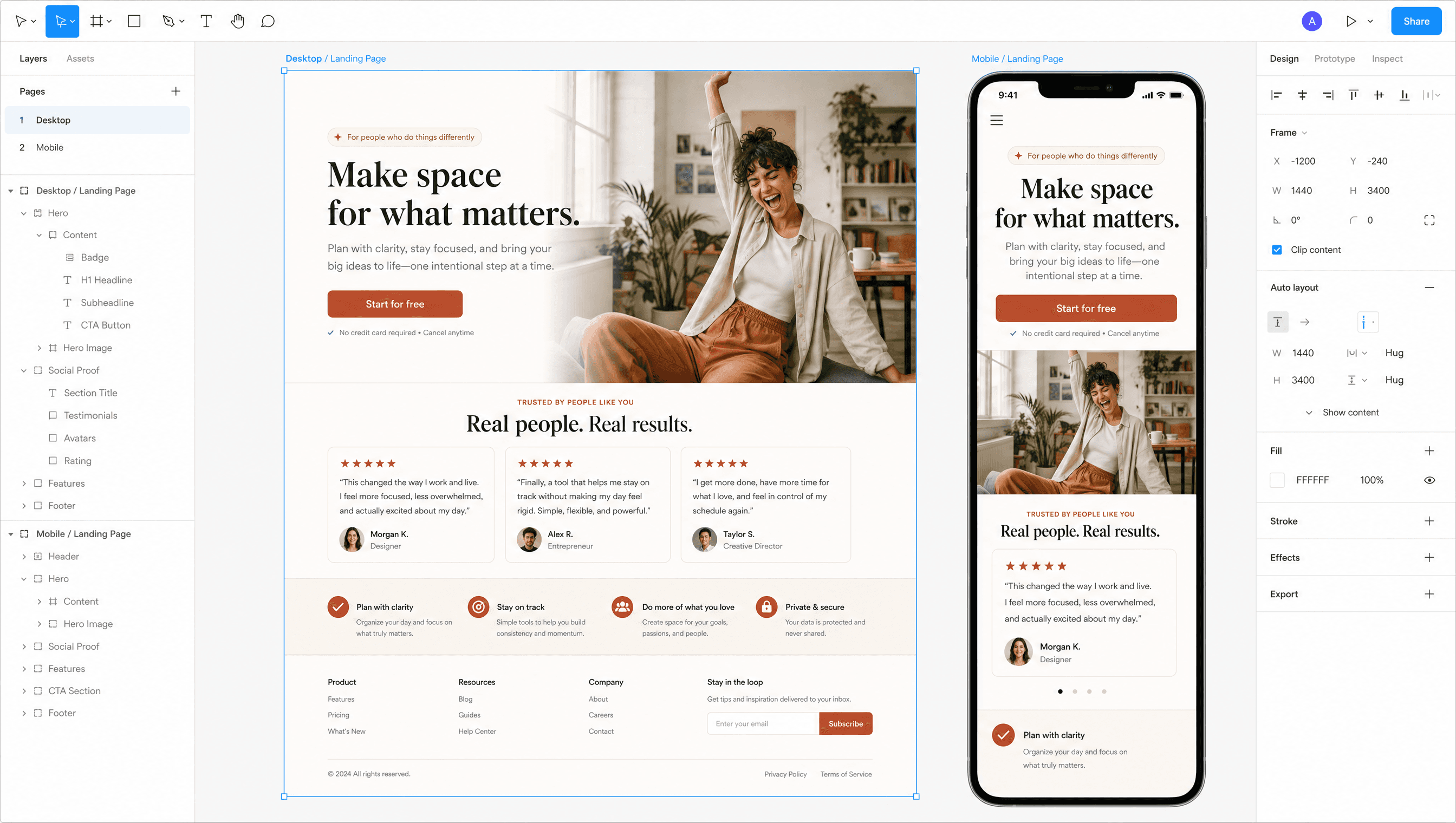 Desktop and mobile landing page mockups side by side in a design canvas