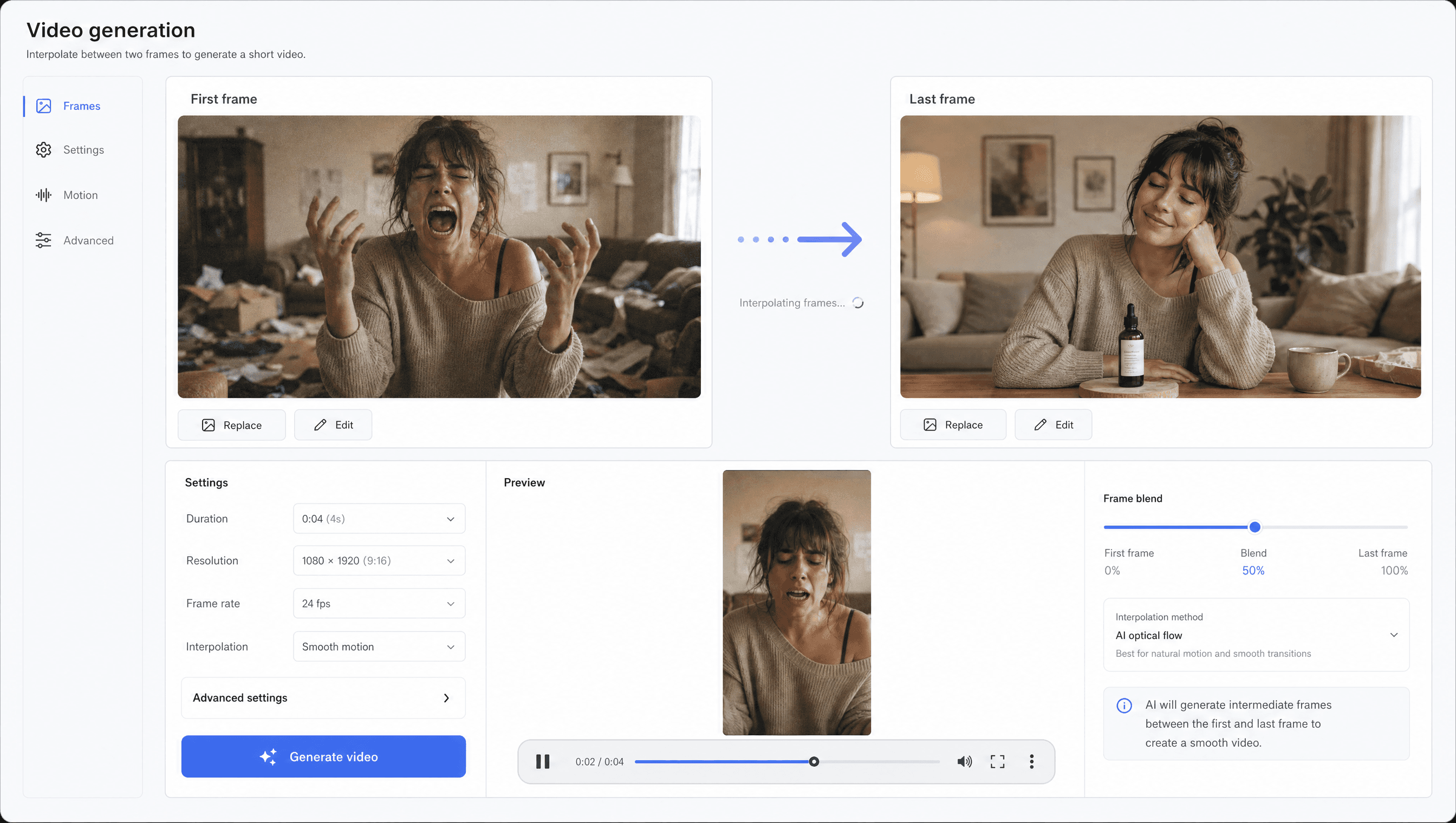 Video generation workflow showing first frame, last frame, and interpolated UGC-style preview