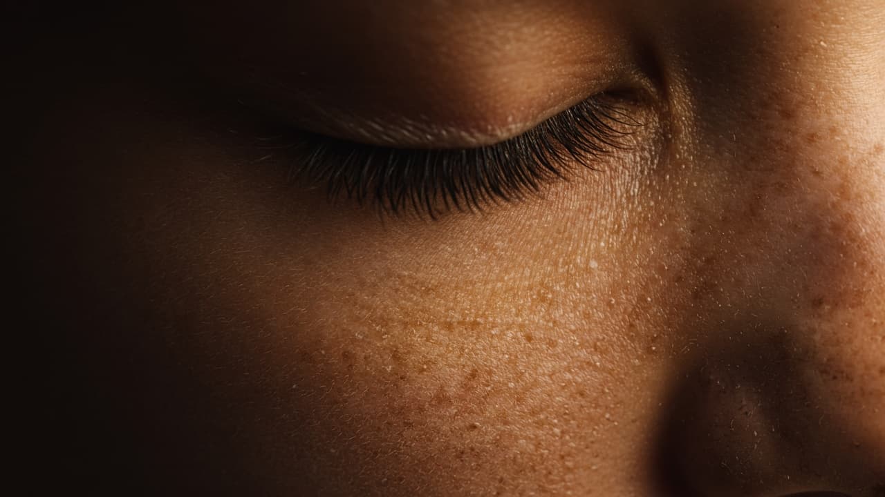 An extreme close-up of an eye, lashes lit against shadow