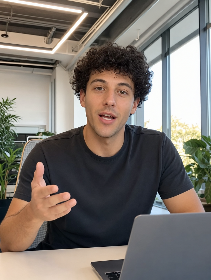 UGC video ad — creator talking to camera in office